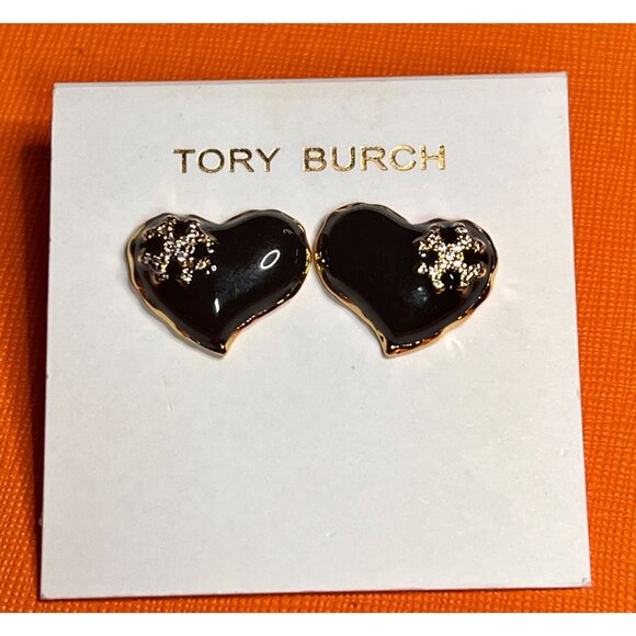 Beautiful Tory Burch Gold & Black Heart Shaped Earrings - Picture 3 of 4